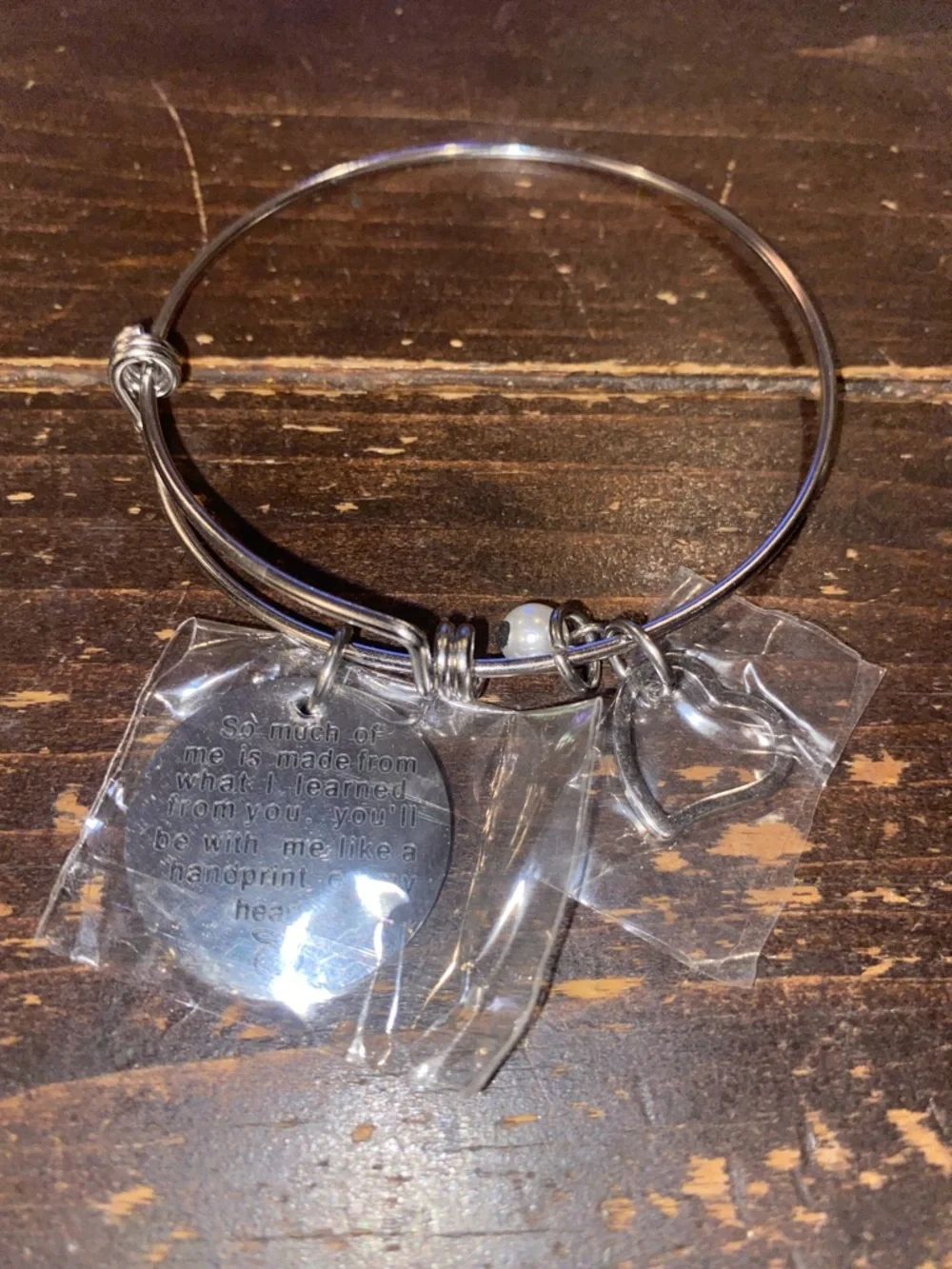 🍎 Silver Teacher Charm Bangle Bracelet with Engraved Disc, Heart Charm, & Pearl